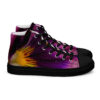 A pair of purple and yellow sneakers on top of a black shoe.