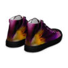 A pair of shoes with purple and yellow flames.