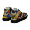 A pair of shoes with colorful abstract designs on them.