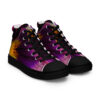 A pair of purple and yellow sneakers on top of a black shoe.