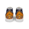 A pair of shoes with an orange and blue design.