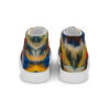 A pair of shoes with colorful abstract designs.