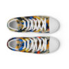 A pair of shoes with colorful abstract designs.