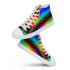 A pair of shoes with colorful stripes on them.
