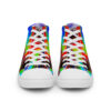 A pair of shoes with colorful stripes on them.