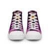 A pair of purple and white shoes with an orange pattern.