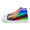 A pair of shoes with colorful stripes on them.