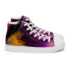 A pair of purple and yellow sneakers on top of a white shoe.