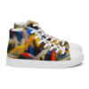 A pair of shoes with colorful abstract art on them.