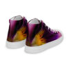A pair of purple and yellow sneakers on top of a white shoe.