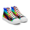 A pair of rainbow colored sneakers on a white background