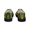 A pair of shoes with green and brown stripes.