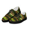 A pair of shoes with green and brown stripes.