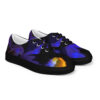 A pair of shoes with blue and yellow designs on them.