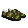 A pair of shoes with green and brown stripes.
