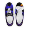 A pair of shoes with blue and black designs on them.