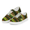 A pair of shoes with green and brown stripes.