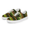 A pair of shoes with green and brown stripes.