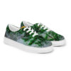A pair of green shoes with trees in the background.