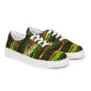 A pair of shoes with green and brown stripes.
