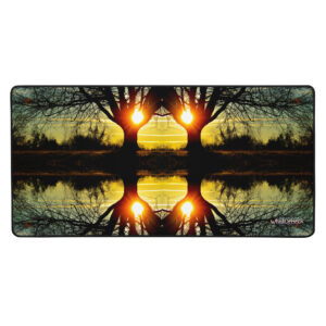 A picture of the sun setting over trees.