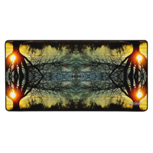 A picture of trees with lights in the center.