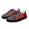 A pair of shoes with colorful abstract designs.