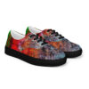 A pair of shoes with colorful abstract designs.