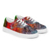 A pair of shoes with colorful abstract designs.
