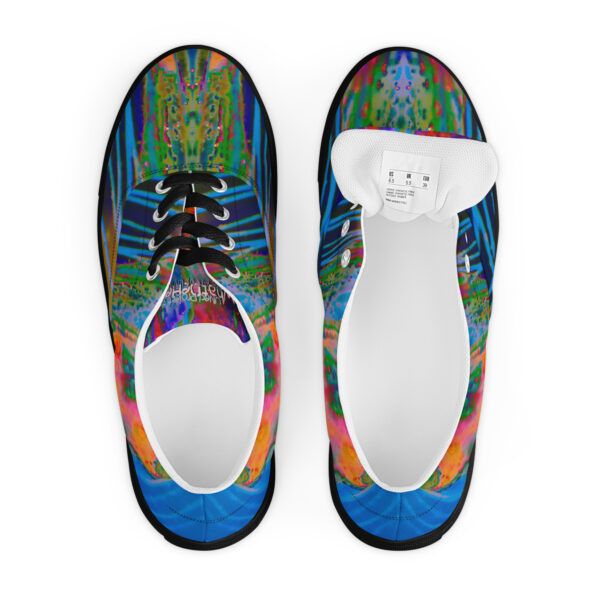 A pair of shoes with a colorful design on them.