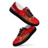 A pair of red shoes with black soles