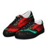 A pair of shoes with red and black design.