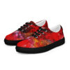 A pair of red shoes with black soles.
