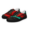 A pair of shoes with red and black designs.