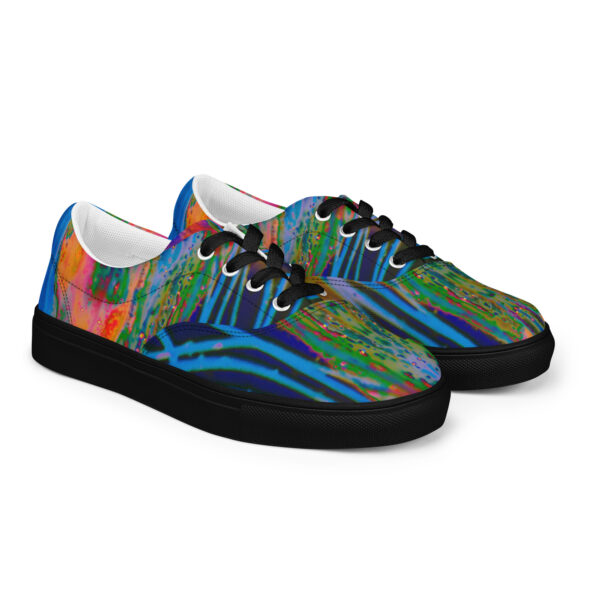 A pair of shoes with colorful designs on them.