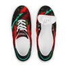 A pair of shoes with red and black design.