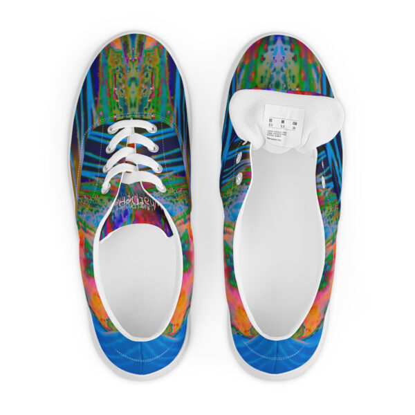 A pair of shoes with colorful designs on them.