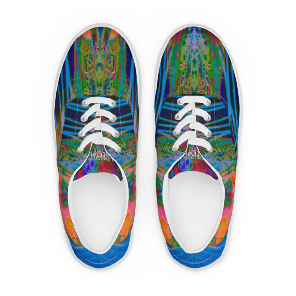 A pair of shoes with colorful designs on them.