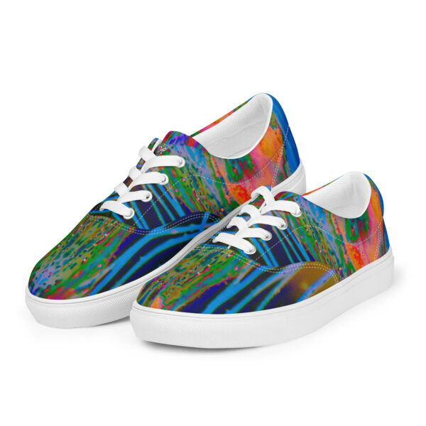 A pair of shoes with colorful designs on them.