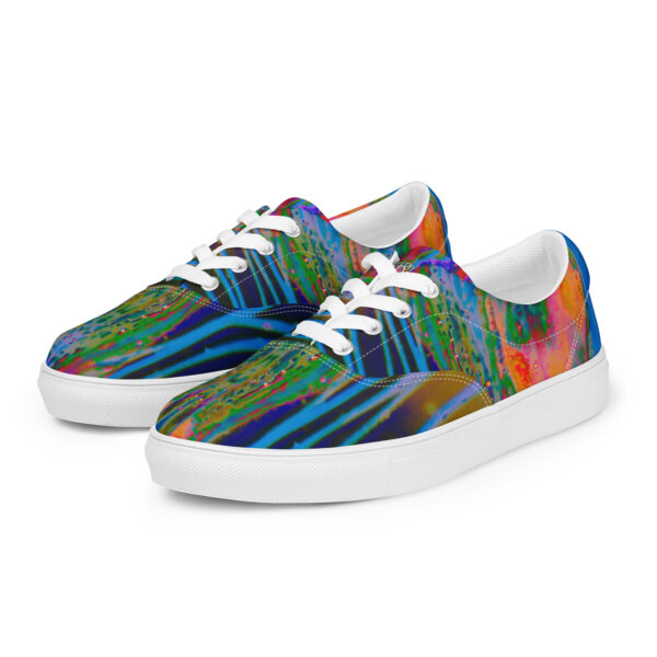 A pair of shoes with colorful designs on them.