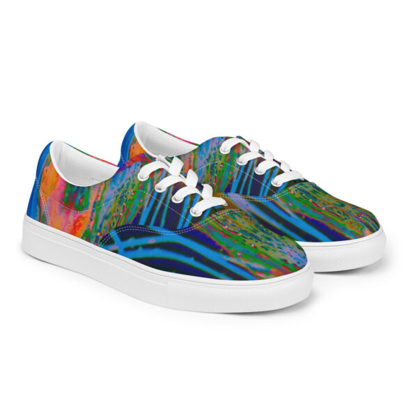 A pair of shoes with colorful designs on them.