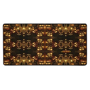 Symmetrical pattern of glowing jack-o'-lanterns.