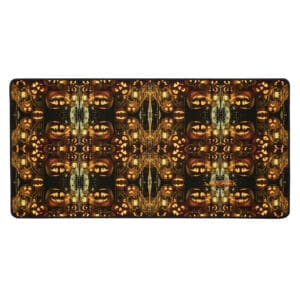 Symmetrical pattern of glowing jack-o'-lanterns.