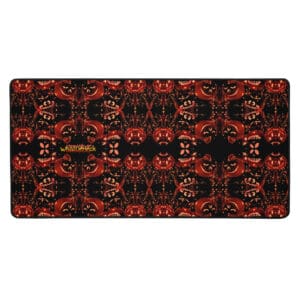 Kaleidoscopic pattern with dark red elements.