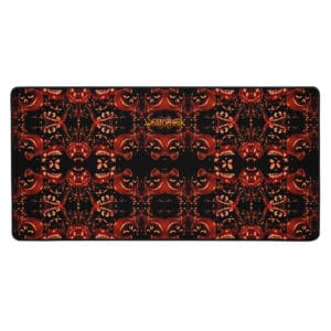 Patterned design with symmetrical, fiery motifs.