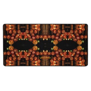 Symmetrical pattern of glowing jack-o'-lanterns.