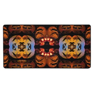 Symmetrical pattern of jack-o'-lantern faces.