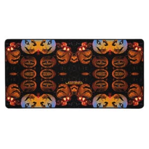 Symmetrical pattern of carved Halloween pumpkins.