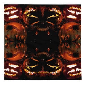 Symmetrical pattern of glowing carved pumpkins.