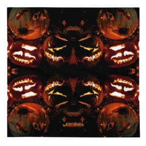 Symmetrical pattern of glowing jack-o'-lanterns.
